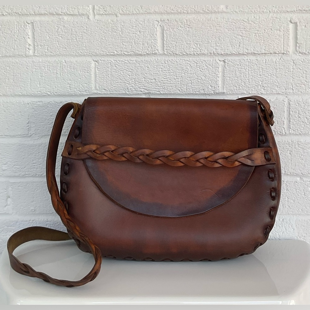 Vintage ‘70s Tooled Leather Hippie Boho Shoulder Bag Purse with Braided Strap